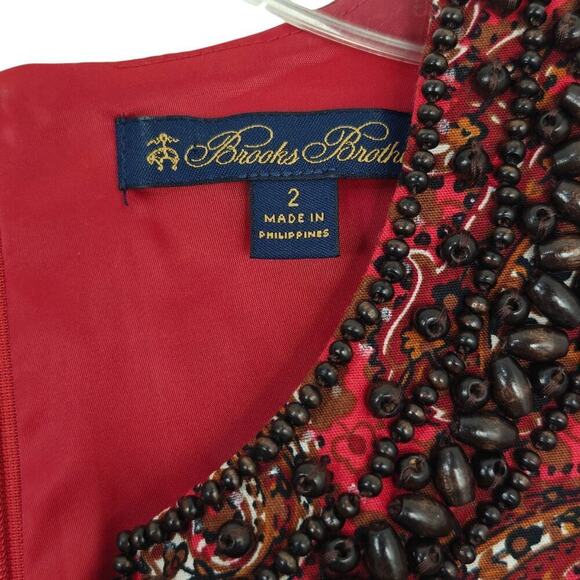 Brooks Brothers Beaded Paisley Sheath Dress Size 2 Red Split Neck Lined Career - Picture 10 of 11